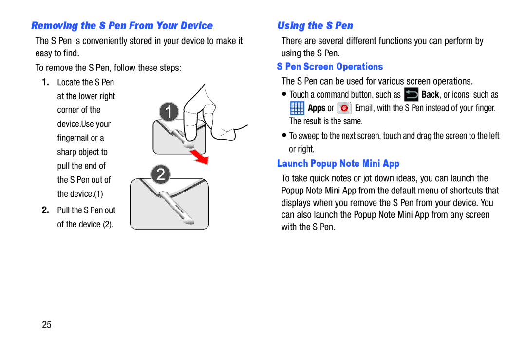 Samsung GT-N5110 Removing the S Pen From Your Device, Using the S Pen, Pen Screen Operations, Launch Popup Note Mini App 