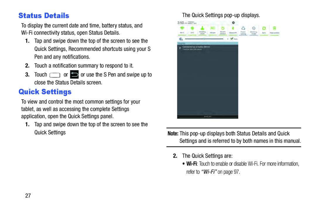 Samsung GT-N5110 user manual Status Details, Quick Settings 