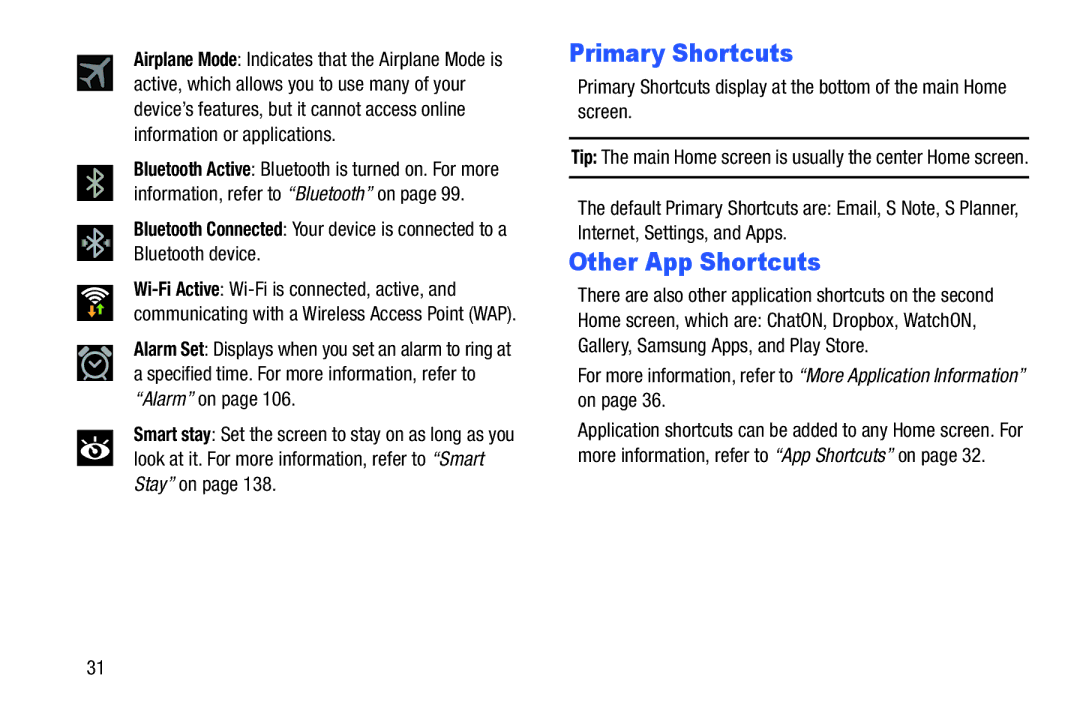 Samsung GT-N5110 user manual Primary Shortcuts, Other App Shortcuts 