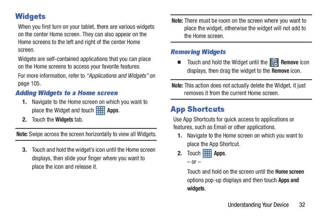 Samsung GT-N5110 user manual App Shortcuts, Adding Widgets to a Home screen, Removing Widgets 