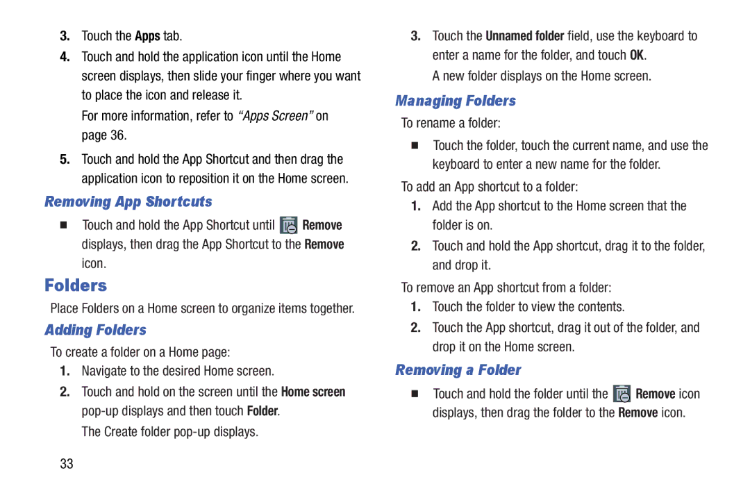 Samsung GT-N5110 user manual Removing App Shortcuts, Adding Folders, Managing Folders, Removing a Folder 