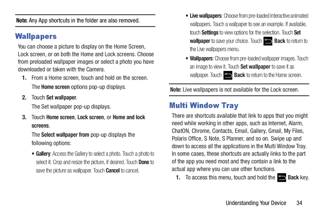 Samsung GT-N5110 user manual Wallpapers, Multi Window Tray, Touch Set wallpaper, Set wallpaper pop-up displays 