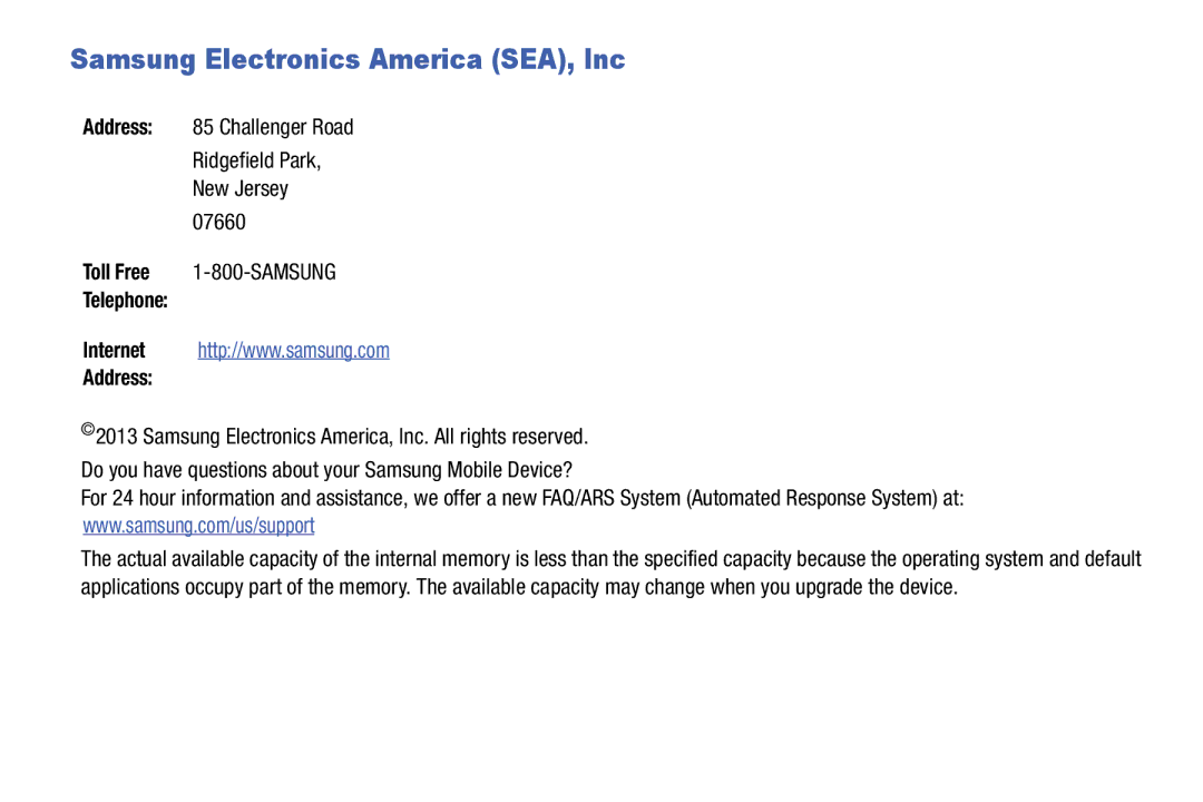 Samsung GT-N5110 user manual Samsung Electronics America SEA, Inc, Telephone Address 