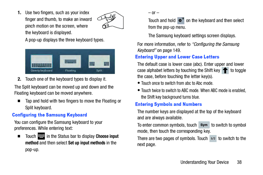 Samsung GT-N5110 Configuring the Samsung Keyboard, Entering Upper and Lower Case Letters, Entering Symbols and Numbers 