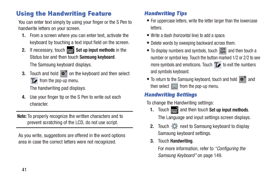 Samsung GT-N5110 user manual Using the Handwriting Feature, Handwriting Tips, Handwriting Settings, Touch Handwriting 