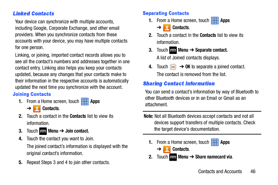 Samsung GT-N5110 user manual Linked Contacts, Sharing Contact Information, Joining Contacts, Separating Contacts 