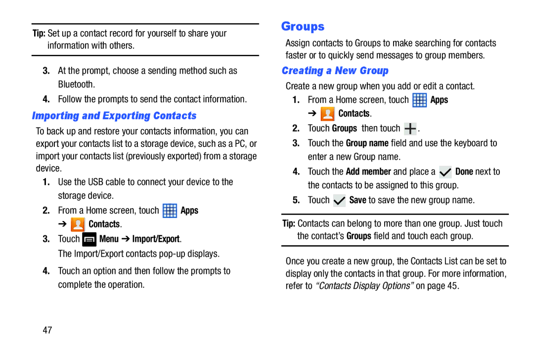 Samsung GT-N5110 Groups, Importing and Exporting Contacts, Creating a New Group, Contacts Touch Menu Import/Export 