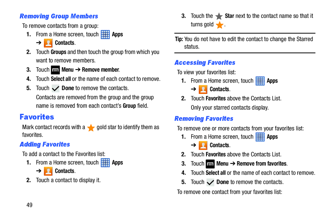 Samsung GT-N5110 user manual Removing Group Members, Adding Favorites, Accessing Favorites, Removing Favorites 