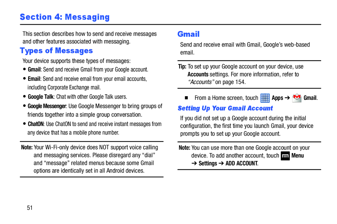 Samsung GT-N5110 user manual Messaging, Types of Messages, Setting Up Your Gmail Account, Settings ADD Account 