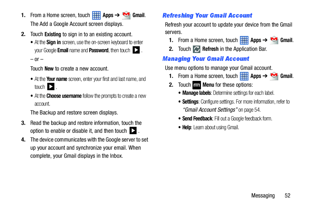 Samsung GT-N5110 user manual Refreshing Your Gmail Account, Managing Your Gmail Account 