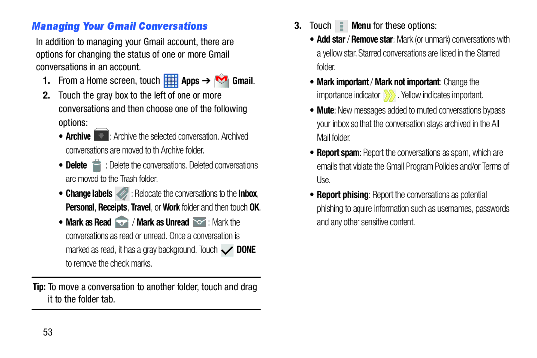 Samsung GT-N5110 user manual Managing Your Gmail Conversations, Mark important / Mark not important Change 