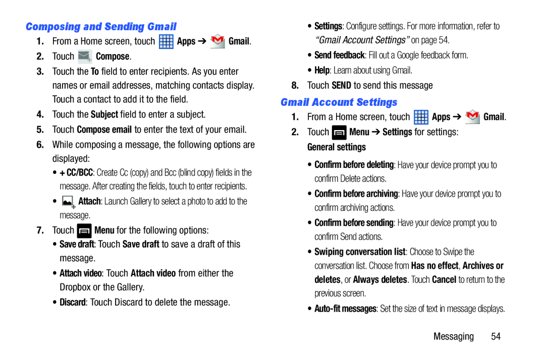 Samsung GT-N5110 user manual Composing and Sending Gmail, Gmail Account Settings, Touch Compose, General settings 