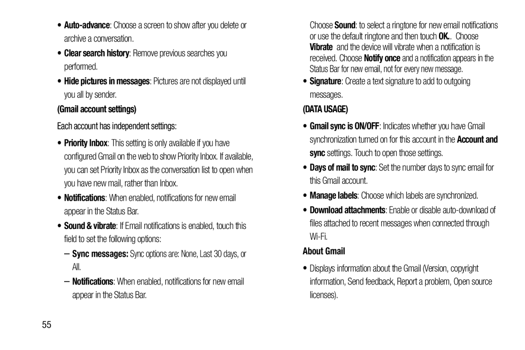 Samsung GT-N5110 Each account has independent settings, Sync messages Sync options are None, Last 30 days, or All 