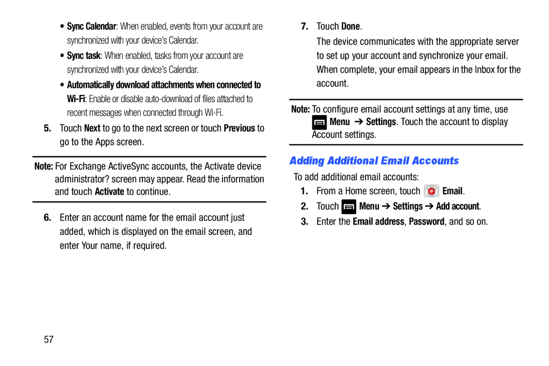 Samsung GT-N5110 Adding Additional Email Accounts, Touch Done, Account settings, Touch Menu Settings Add account 