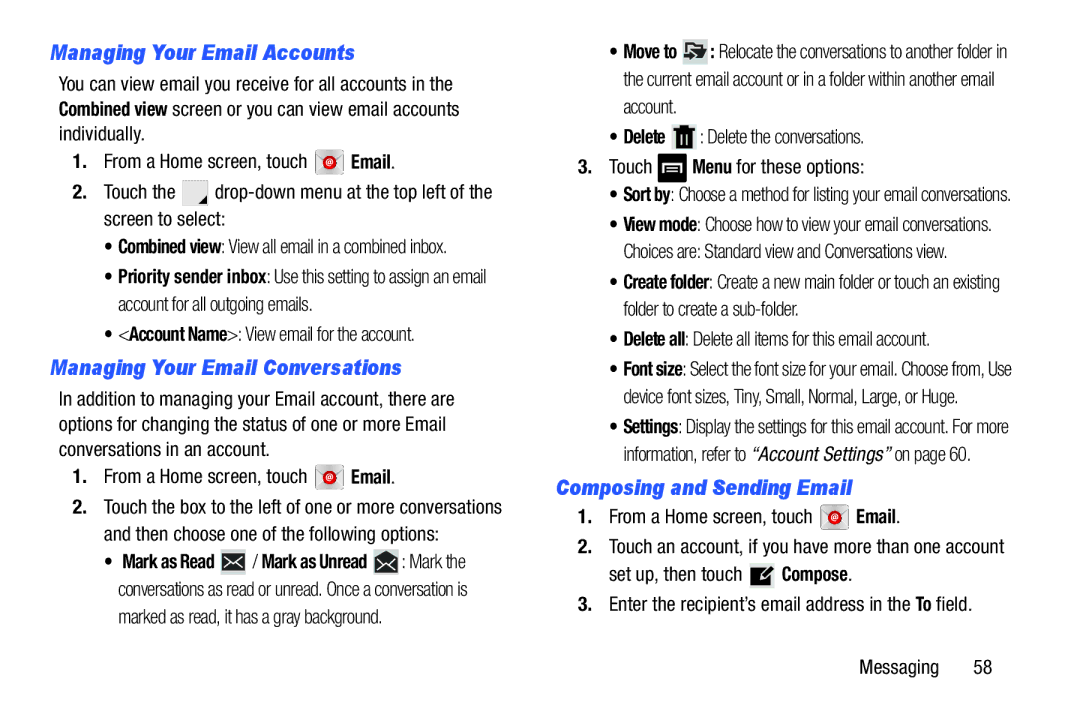 Samsung GT-N5110 user manual Managing Your Email Accounts, Managing Your Email Conversations, Composing and Sending Email 