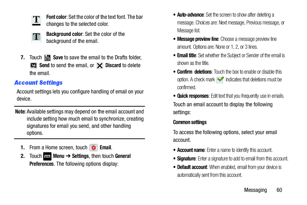 Samsung GT-N5110 user manual Account Settings, Common settings, To access the following options, select your email account 