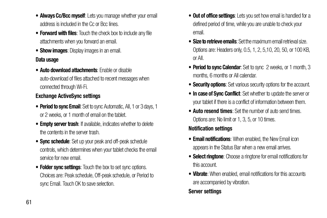 Samsung GT-N5110 user manual Data usage, Exchange ActiveSync settings, Notification settings, Server settings 