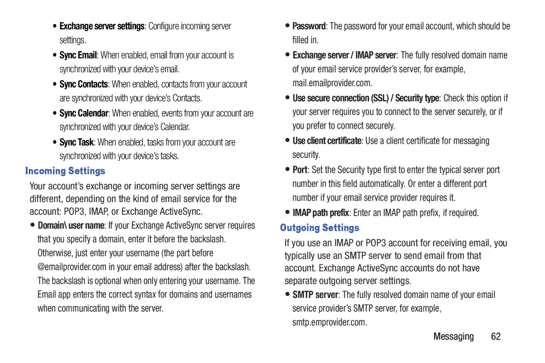 Samsung GT-N5110 Exchange server settings Configure incoming server settings, Incoming Settings, Outgoing Settings 