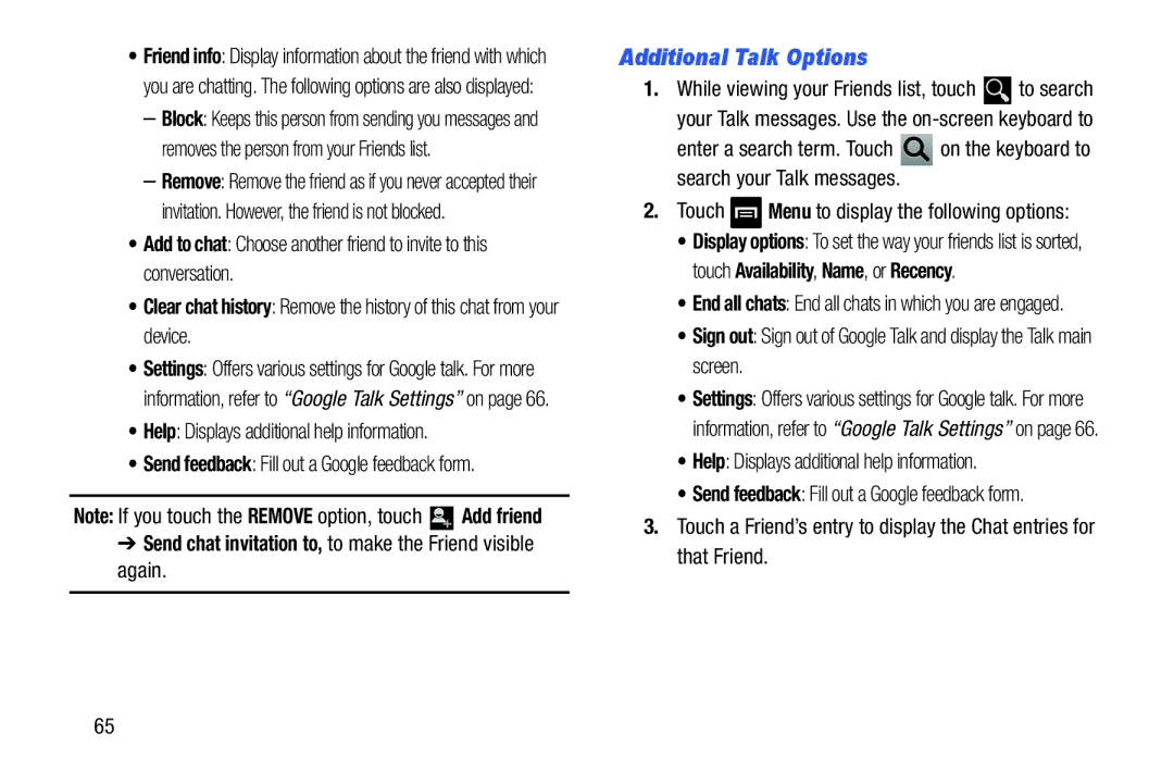 Samsung GT-N5110 user manual Additional Talk Options, Help Displays additional help information 