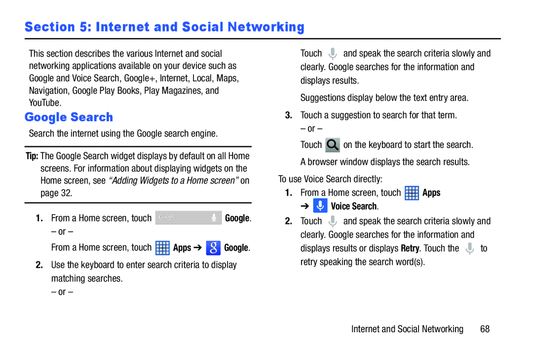 Samsung GT-N5110 user manual Internet and Social Networking, Google Search, Voice Search 