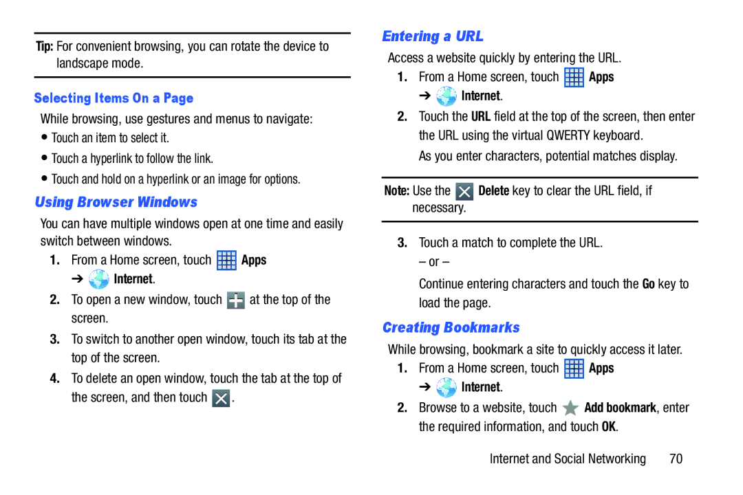 Samsung GT-N5110 Using Browser Windows, Entering a URL, Creating Bookmarks, Selecting Items On a, Screen, and then touch 