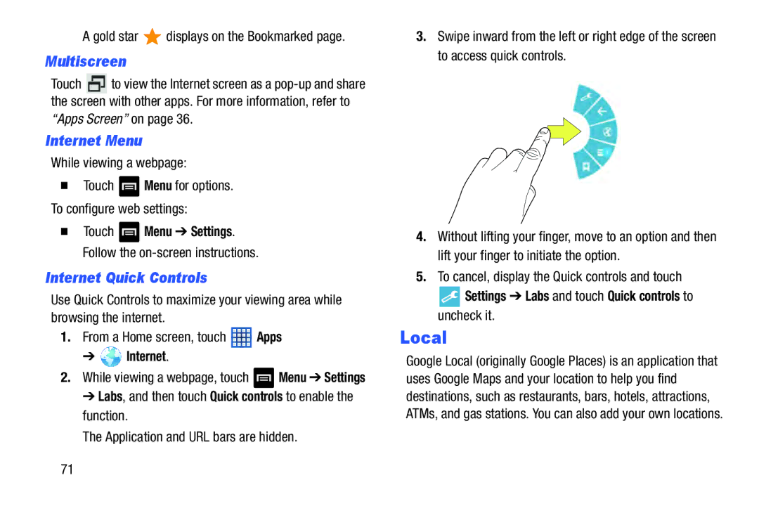 Samsung GT-N5110 user manual Local, Multiscreen, Internet Menu, Internet Quick Controls 