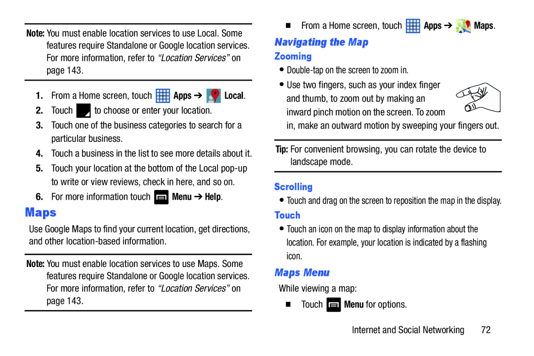 Samsung GT-N5110 user manual Navigating the Map, Maps Menu, Zooming, Scrolling 