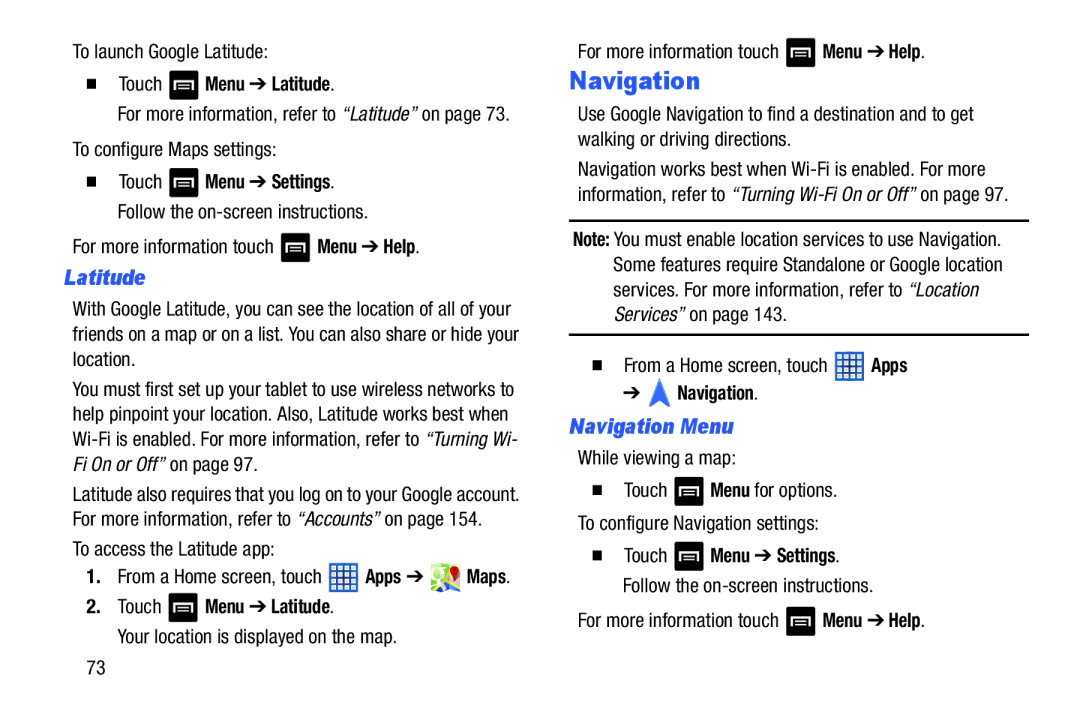 Samsung GT-N5110 user manual Latitude, Navigation Menu 