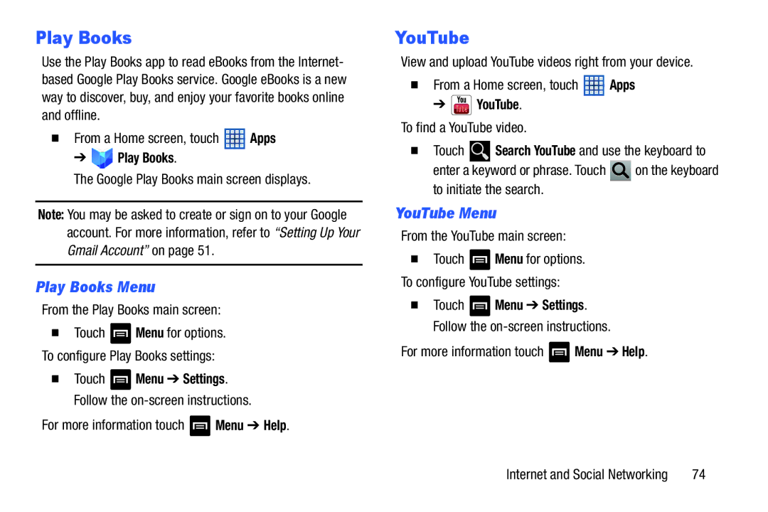 Samsung GT-N5110 user manual Play Books Menu, YouTube Menu 