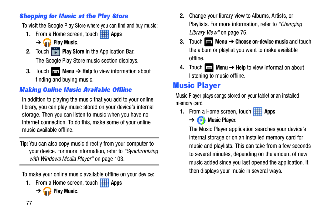 Samsung GT-N5110 user manual Music Player, Shopping for Music at the Play Store, Making Online Music Available Offline 