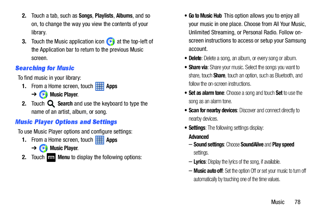 Samsung GT-N5110 Searching for Music, Music Player Options and Settings, Settings The following settings display, Advanced 