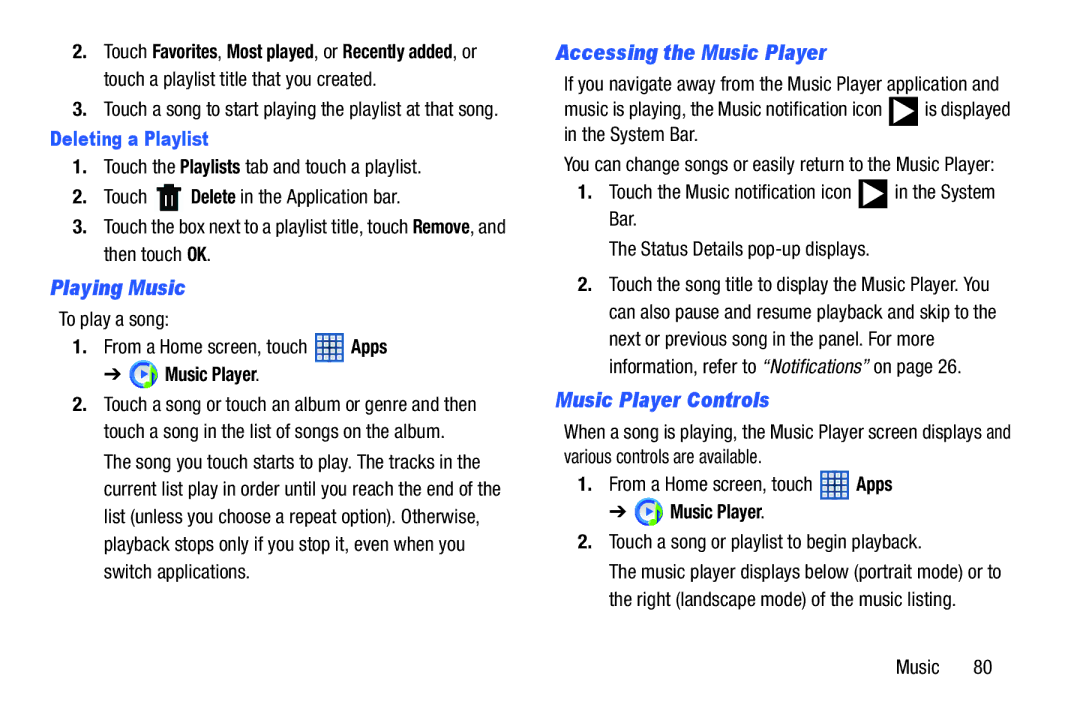 Samsung GT-N5110 user manual Playing Music, Accessing the Music Player, Music Player Controls, Deleting a Playlist 