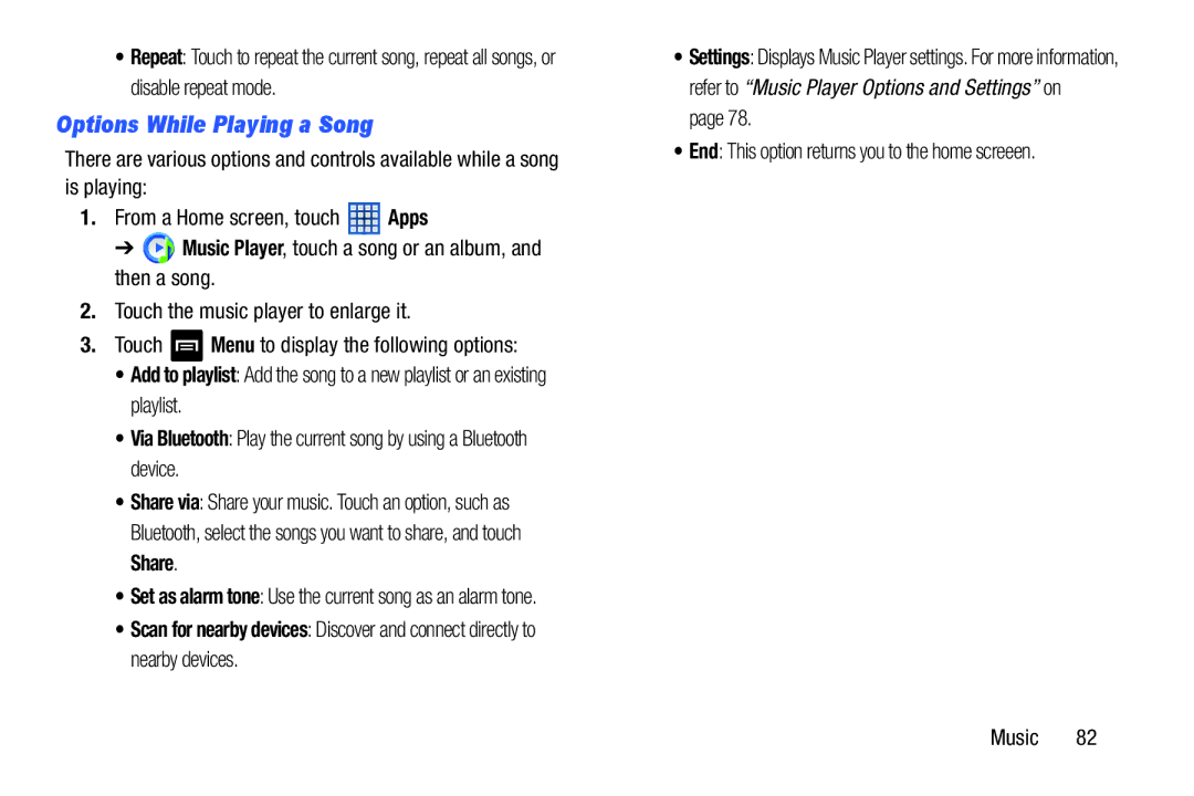 Samsung GT-N5110 user manual Options While Playing a Song, End This option returns you to the home screeen Music 