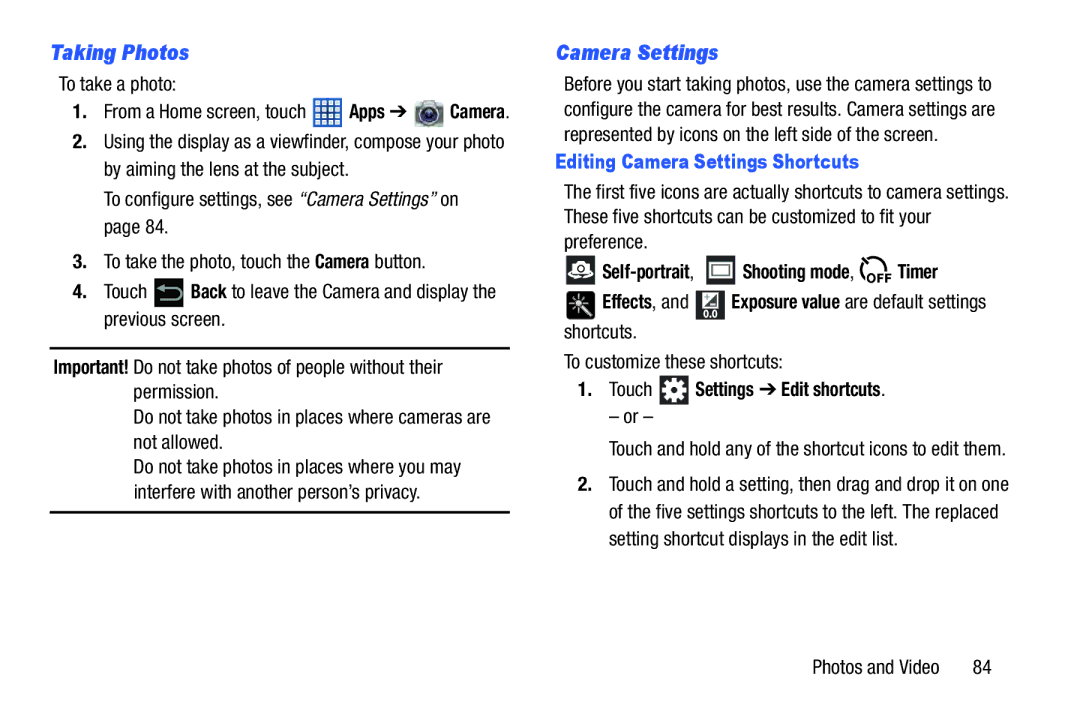 Samsung GT-N5110 user manual Taking Photos, Editing Camera Settings Shortcuts 