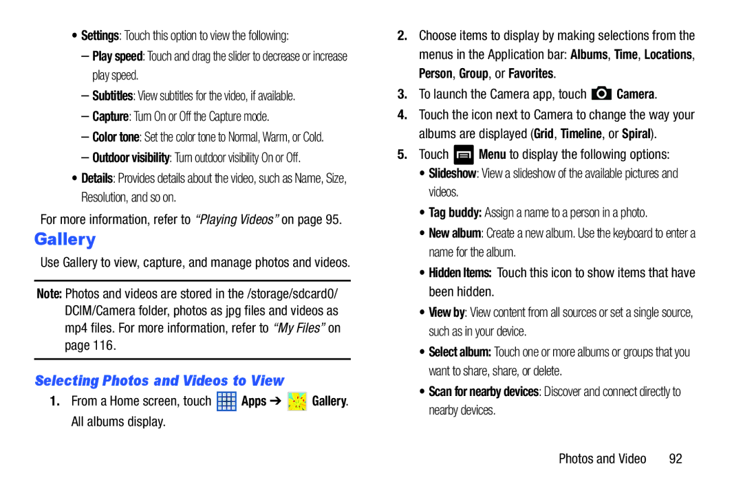 Samsung GT-N5110 user manual Gallery, Selecting Photos and Videos to View, Capture Turn On or Off the Capture mode 