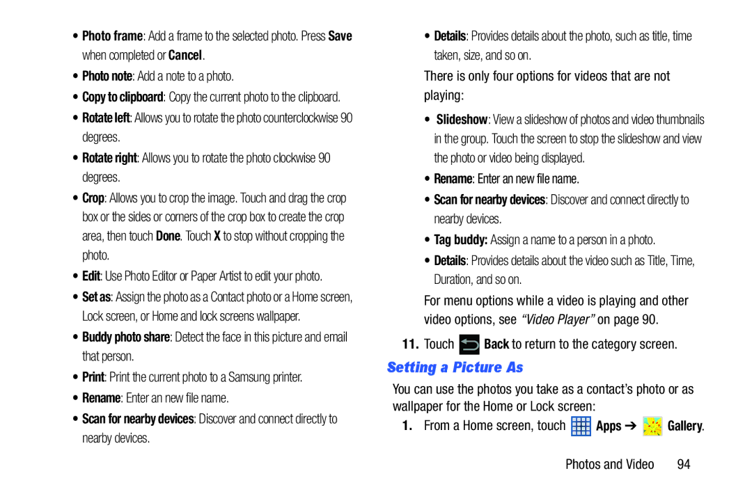 Samsung GT-N5110 user manual Setting a Picture As, Photo note Add a note to a photo, Rename Enter an new file name 