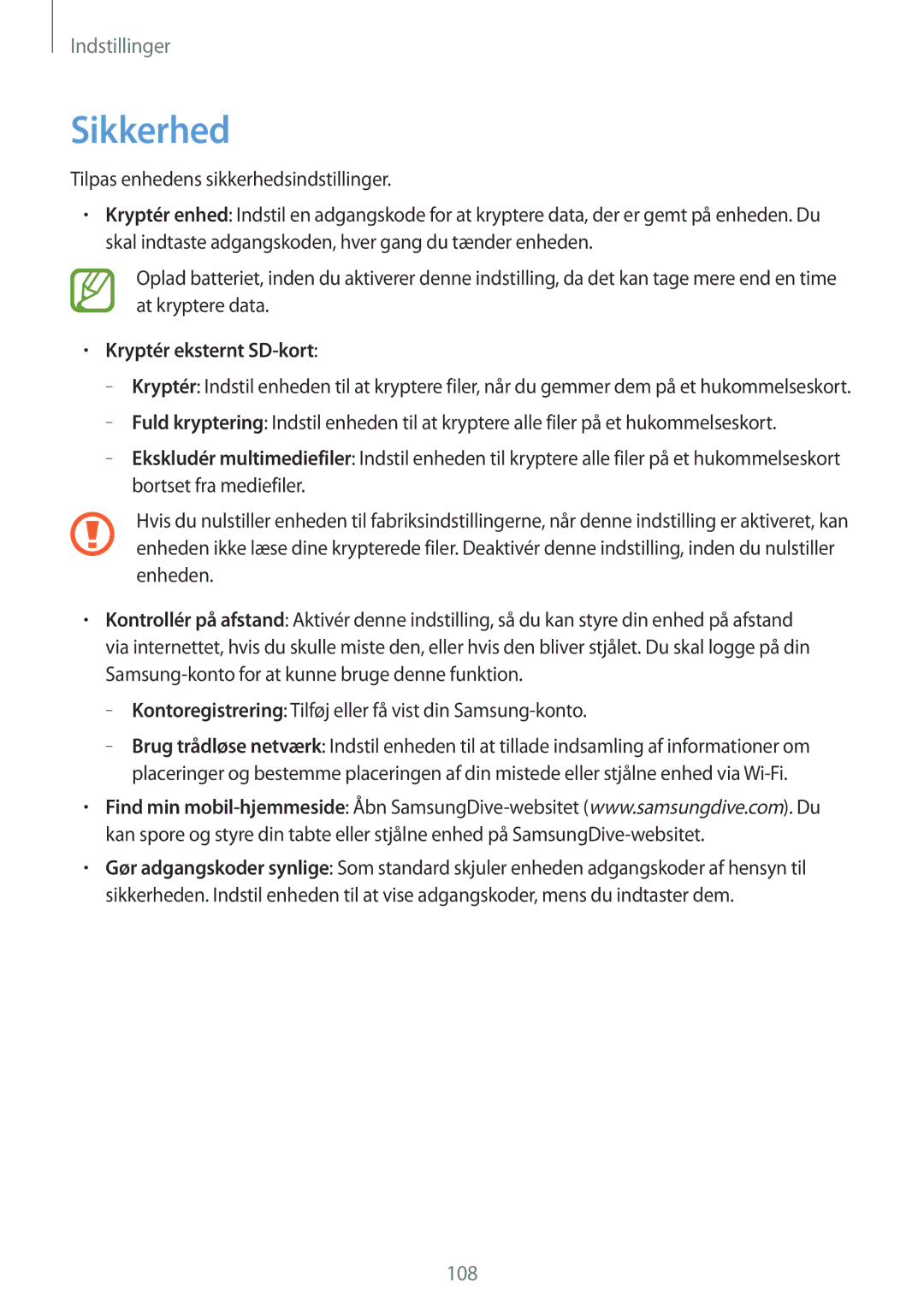 Samsung GT-N5110NKANEE, GT-N5110ZWANEE manual Sikkerhed, Kryptér eksternt SD-kort 