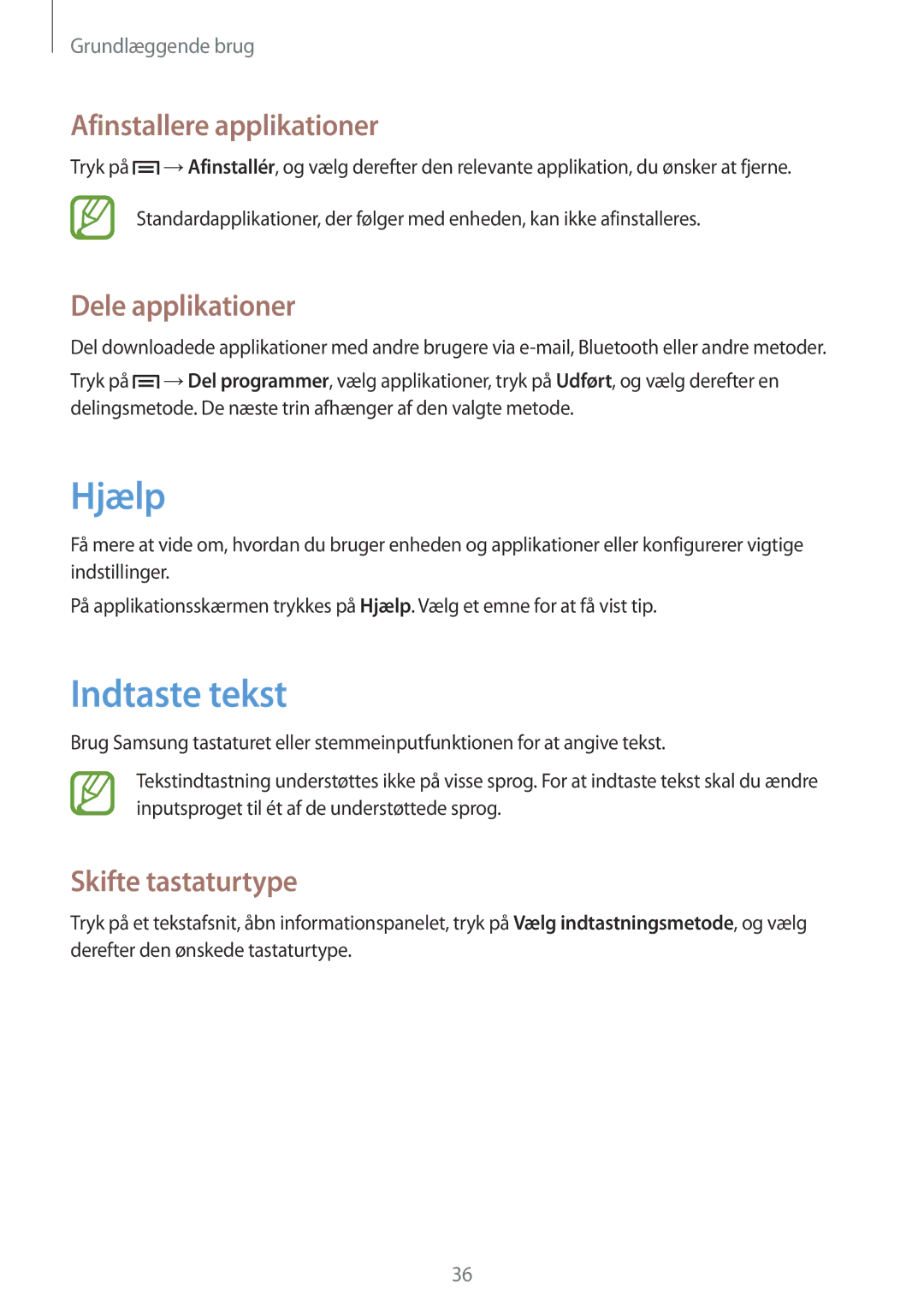 Samsung GT-N5110NKANEE manual Hjælp, Indtaste tekst, Afinstallere applikationer, Dele applikationer, Skifte tastaturtype 