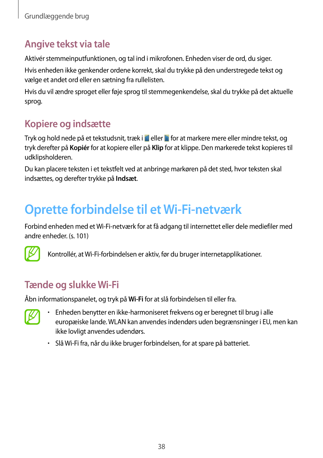 Samsung GT-N5110NKANEE manual Oprette forbindelse til et Wi-Fi-netværk, Angive tekst via tale, Kopiere og indsætte 