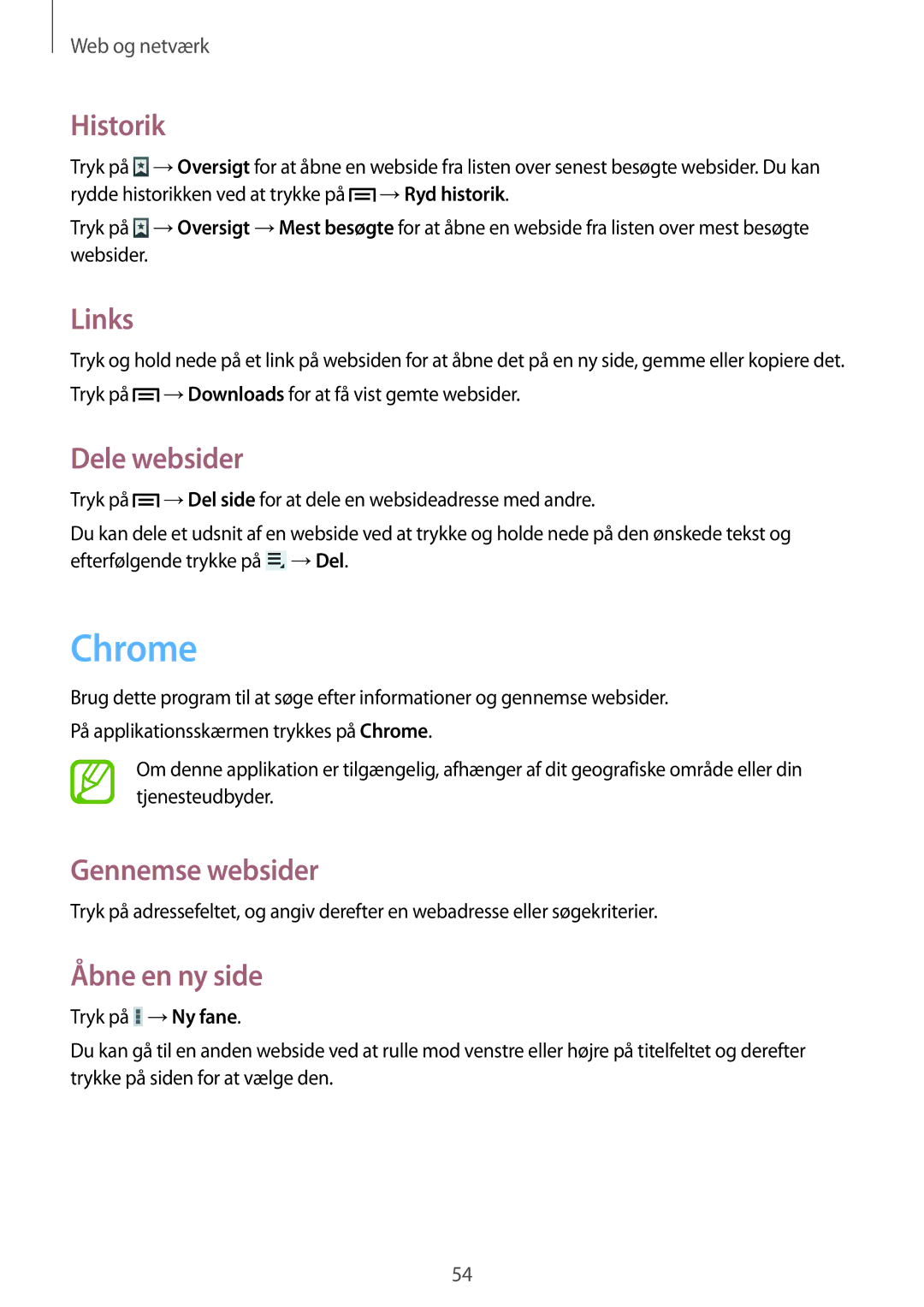 Samsung GT-N5110NKANEE, GT-N5110ZWANEE manual Chrome, Historik, Links, Dele websider, Gennemse websider 