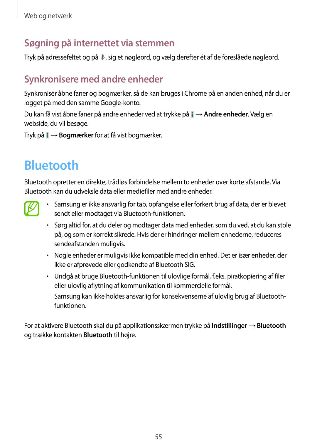 Samsung GT-N5110ZWANEE, GT-N5110NKANEE manual Bluetooth, Synkronisere med andre enheder 