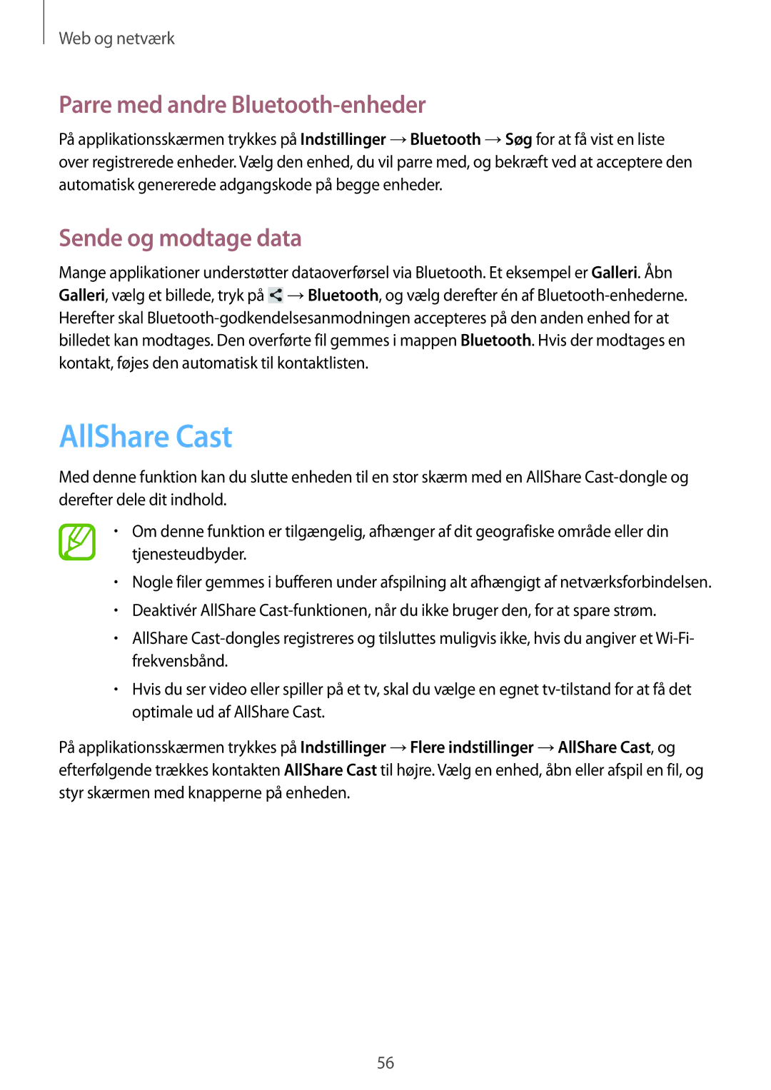 Samsung GT-N5110NKANEE, GT-N5110ZWANEE manual AllShare Cast, Parre med andre Bluetooth-enheder, Sende og modtage data 