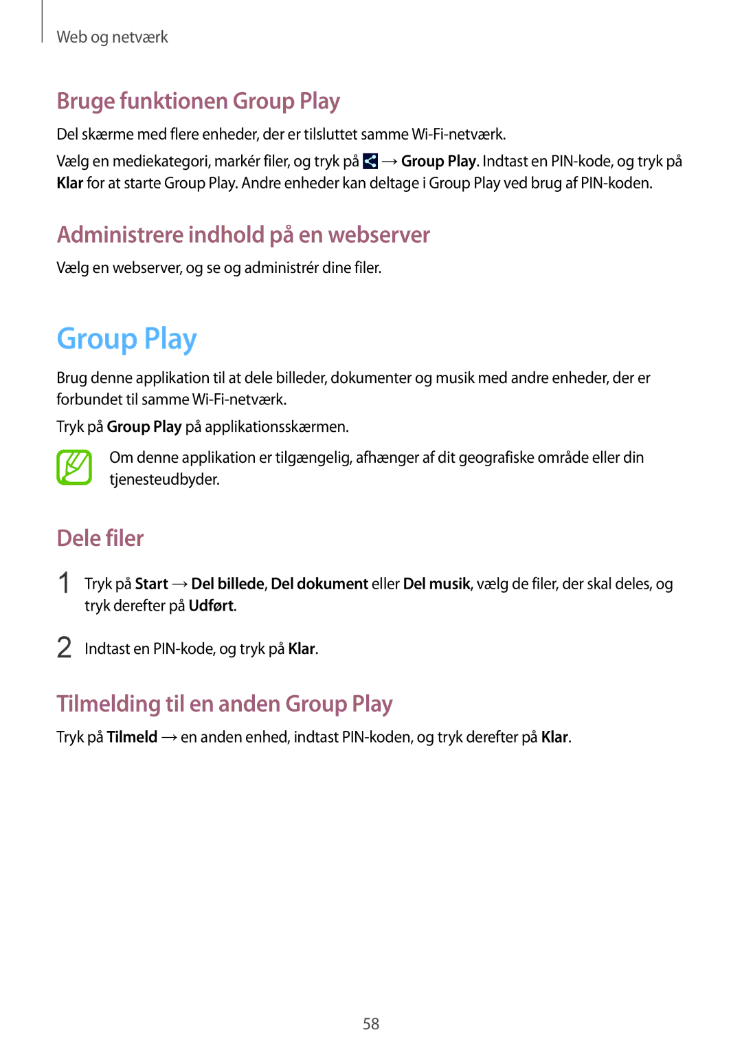 Samsung GT-N5110NKANEE, GT-N5110ZWANEE manual Bruge funktionen Group Play, Administrere indhold på en webserver 