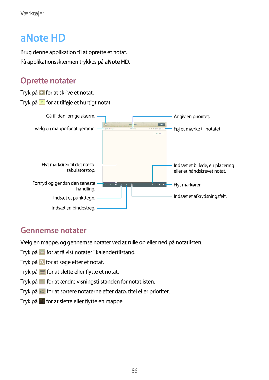 Samsung GT-N5110NKANEE, GT-N5110ZWANEE manual ANote HD, Oprette notater 