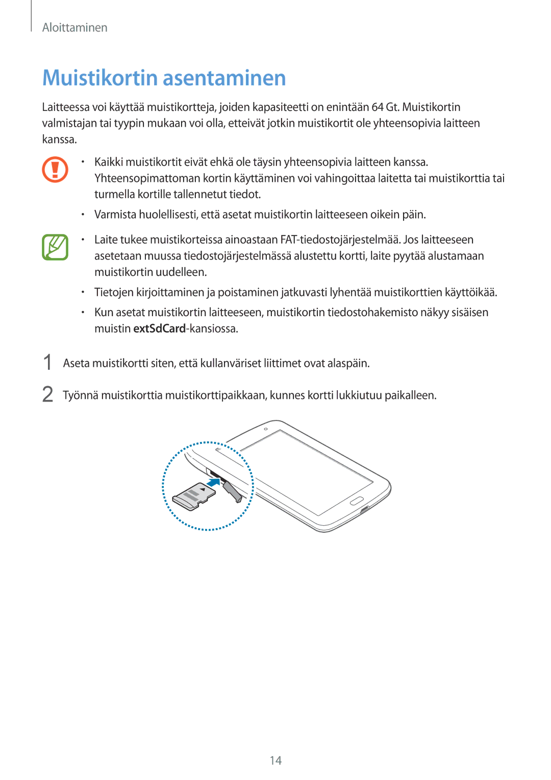 Samsung GT-N5110NKANEE, GT-N5110ZWANEE manual Muistikortin asentaminen 