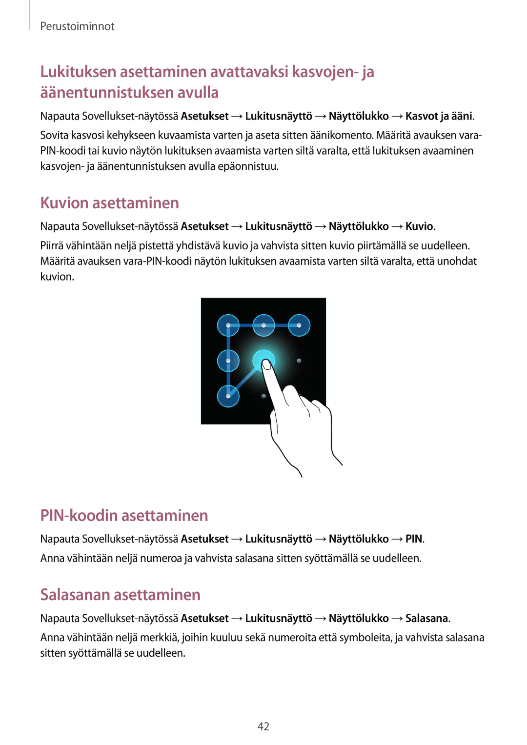 Samsung GT-N5110NKANEE, GT-N5110ZWANEE manual Kuvion asettaminen, PIN-koodin asettaminen, Salasanan asettaminen 