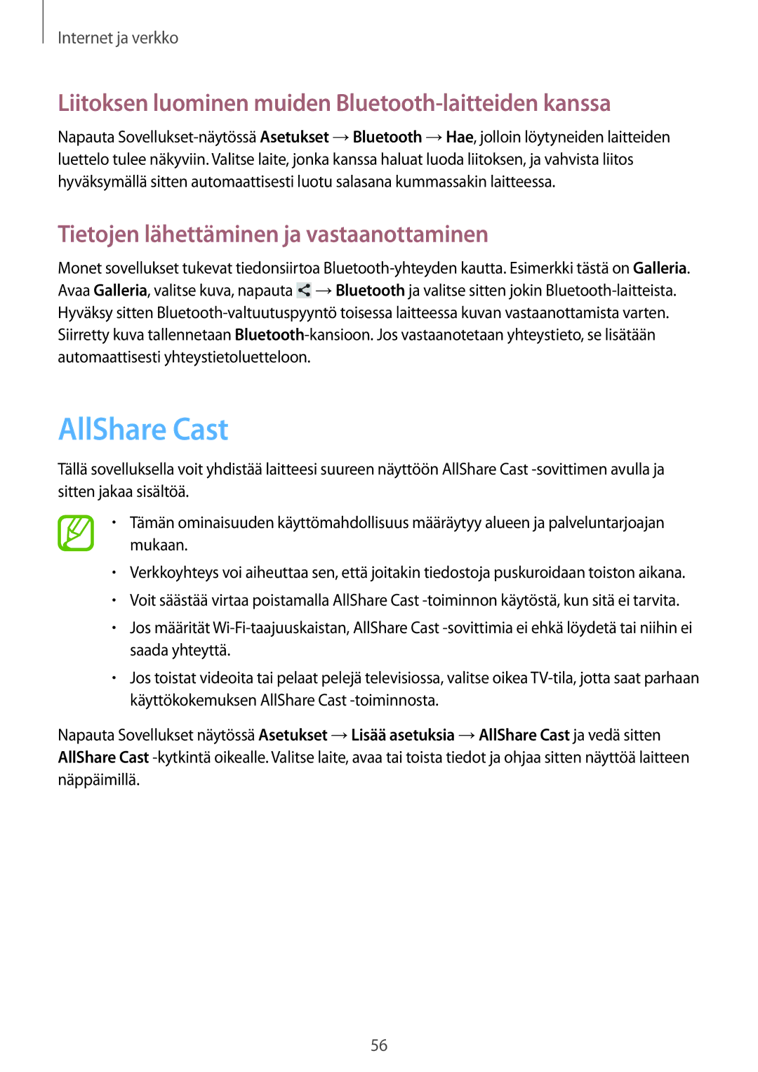 Samsung GT-N5110NKANEE, GT-N5110ZWANEE manual AllShare Cast, Liitoksen luominen muiden Bluetooth-laitteiden kanssa 