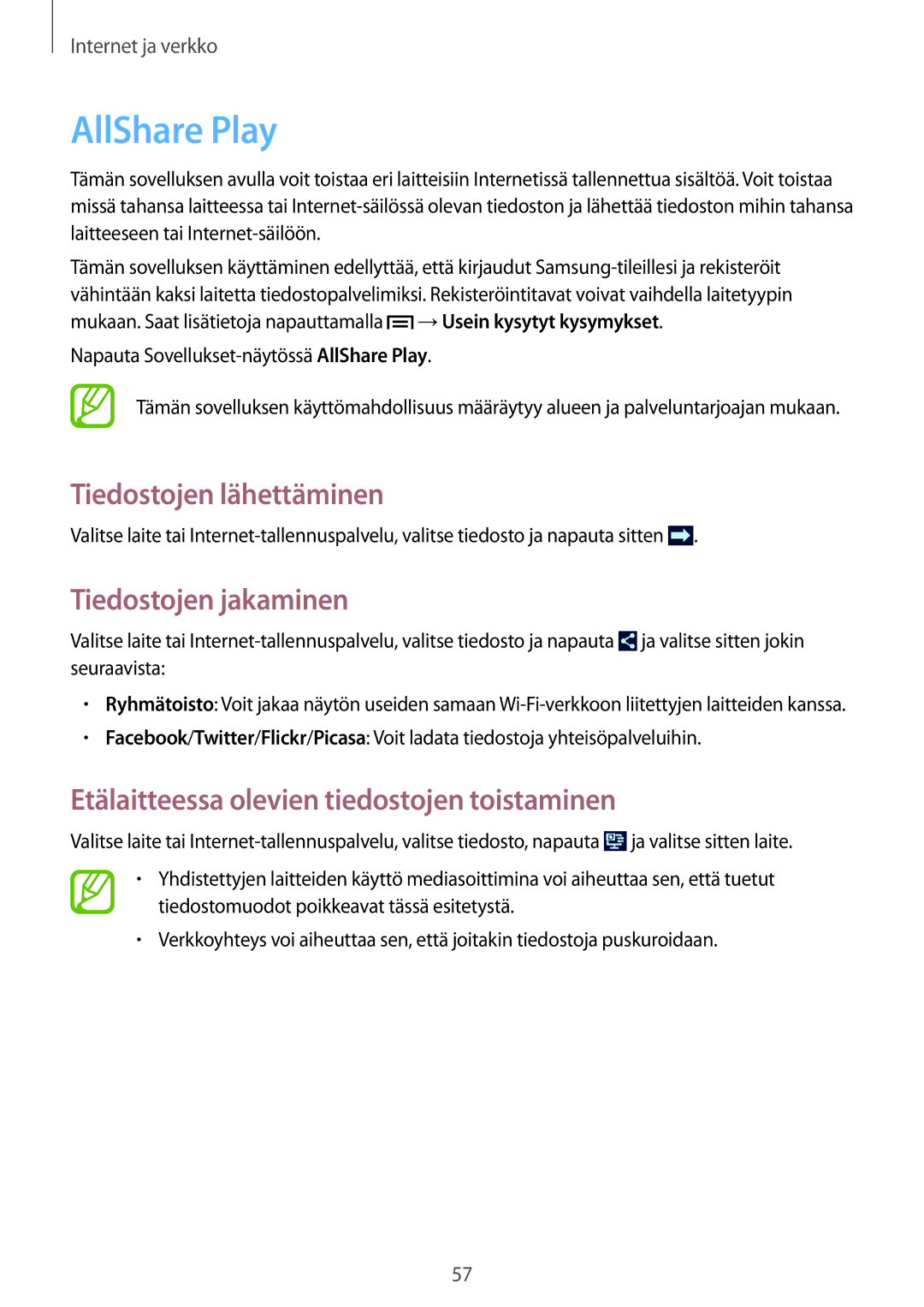 Samsung GT-N5110ZWANEE, GT-N5110NKANEE manual AllShare Play, Tiedostojen lähettäminen, Tiedostojen jakaminen 
