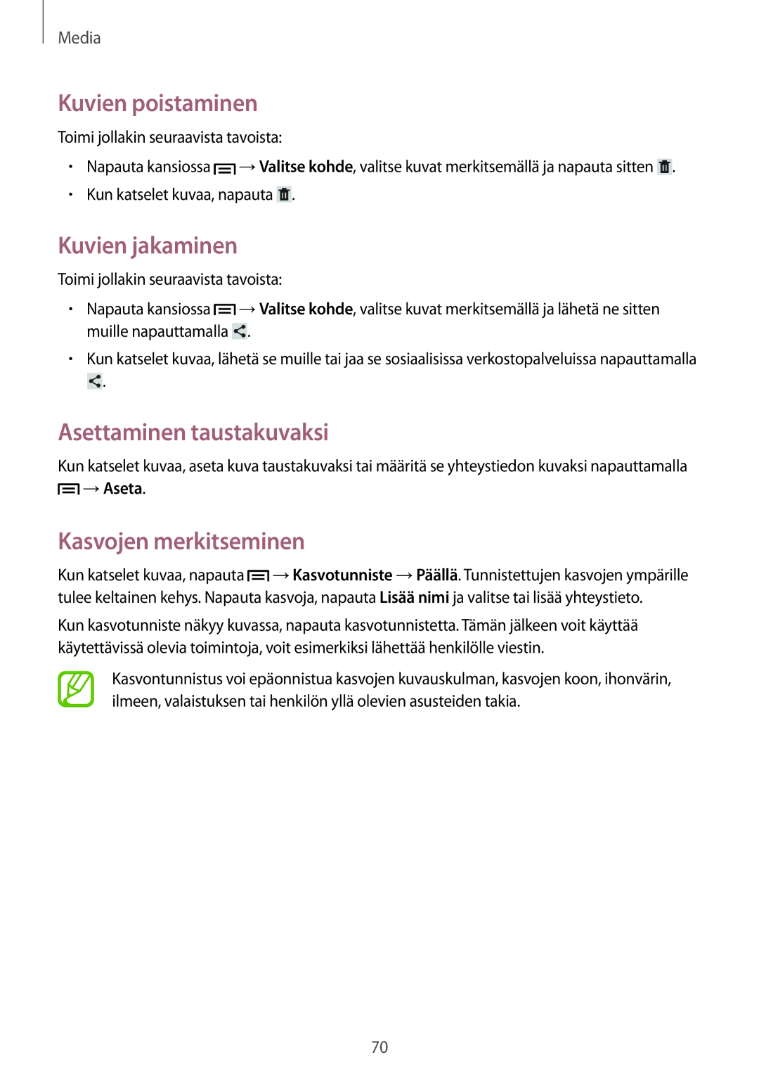 Samsung GT-N5110NKANEE Kuvien poistaminen, Kuvien jakaminen, Asettaminen taustakuvaksi, Kasvojen merkitseminen, →Aseta 