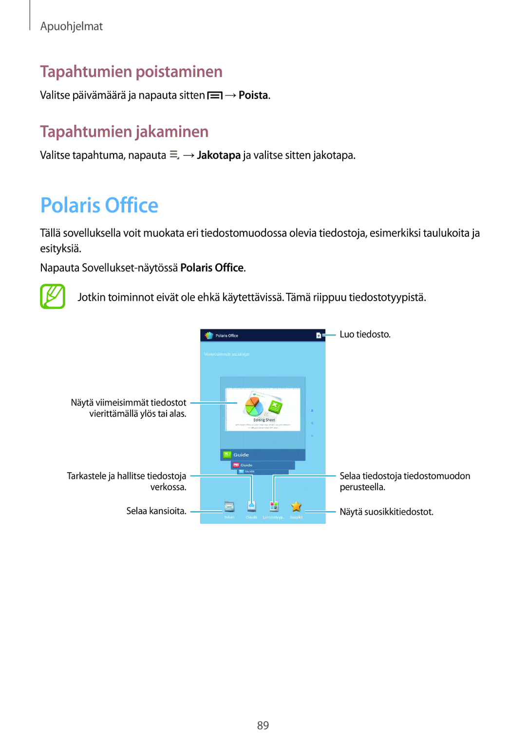 Samsung GT-N5110ZWANEE, GT-N5110NKANEE manual Polaris Office, Tapahtumien poistaminen, Tapahtumien jakaminen 